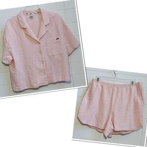 Jason Wu 2-Piece Gauze Lounge Shirt & Shorts Set Size Large Pink Cotton Pockets